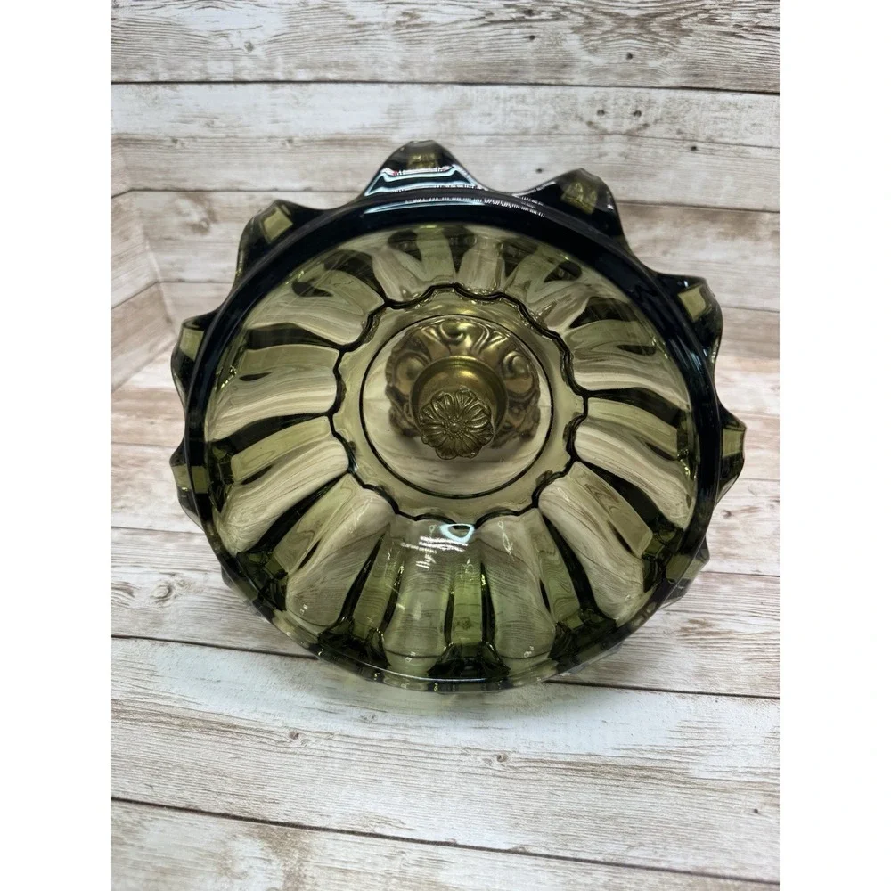 VTG 1970s Avocado Glass Candy Dish Lid Metal Pedestal Rare Hollywood Regency